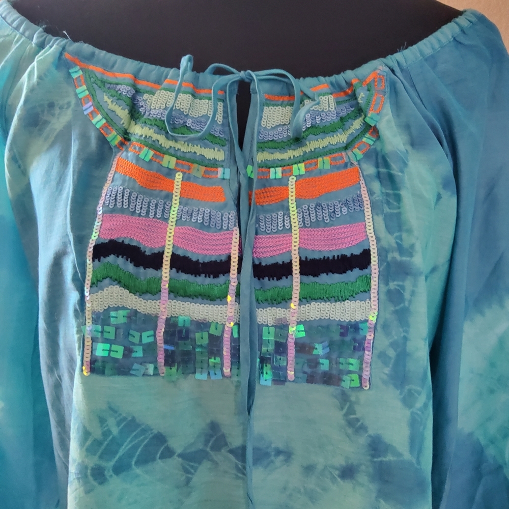 Hale Bob Cabana Silk Embroidered Beaded Tie Dye Peasant Top S Blue New - Picture 4 of 11